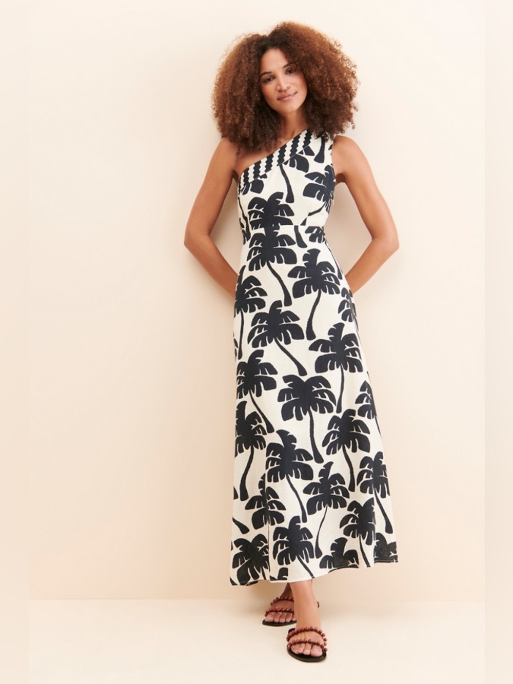 Farms Rio One-Shoulder Linen Palm Tree Dress X Small MSRP $248